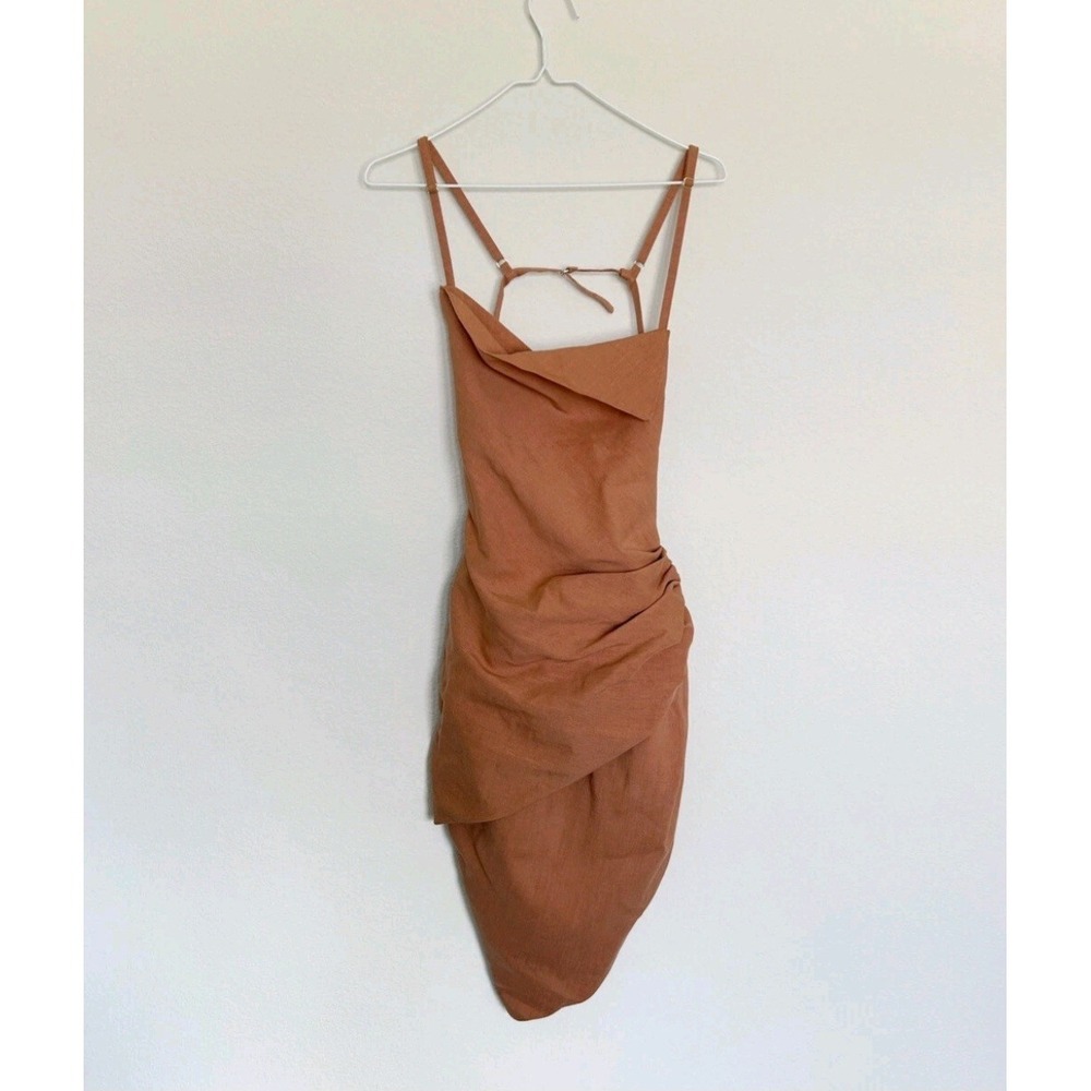 Jacquemus Brown Ruched‎ Asymmetrical Hem Spaghetti Strap Dress - Picture 6 of 16